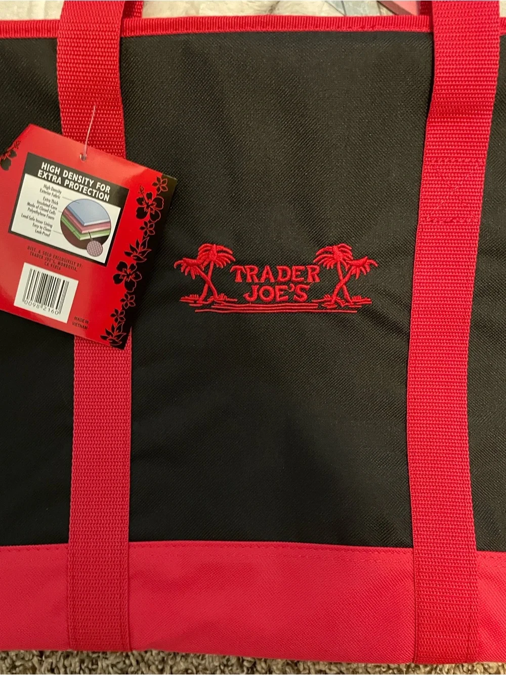 ♥️ Trader Joe's Black Red Insulated Large Cooler Tote Reusable Shopping Bag